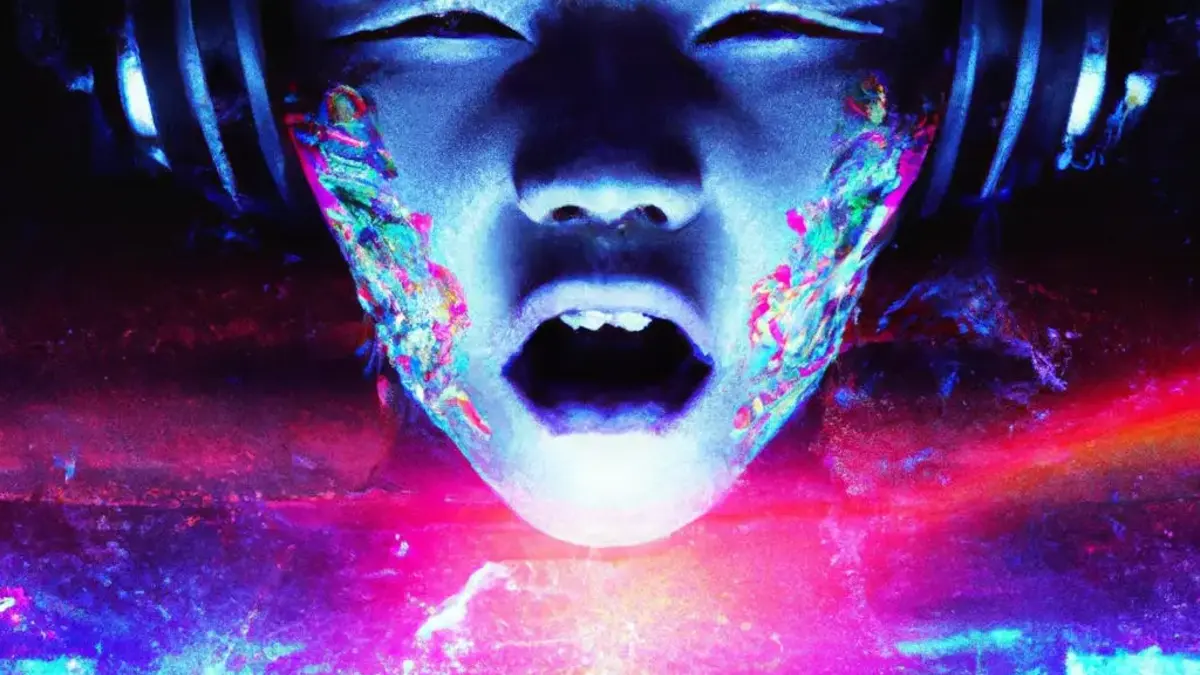 Dalle 2022 10 30 19.08.11   screeming cyborg face lit in neon and pixelized in front of exloding nebula and very small geisha countour in the right lower corner 3d rendered dig