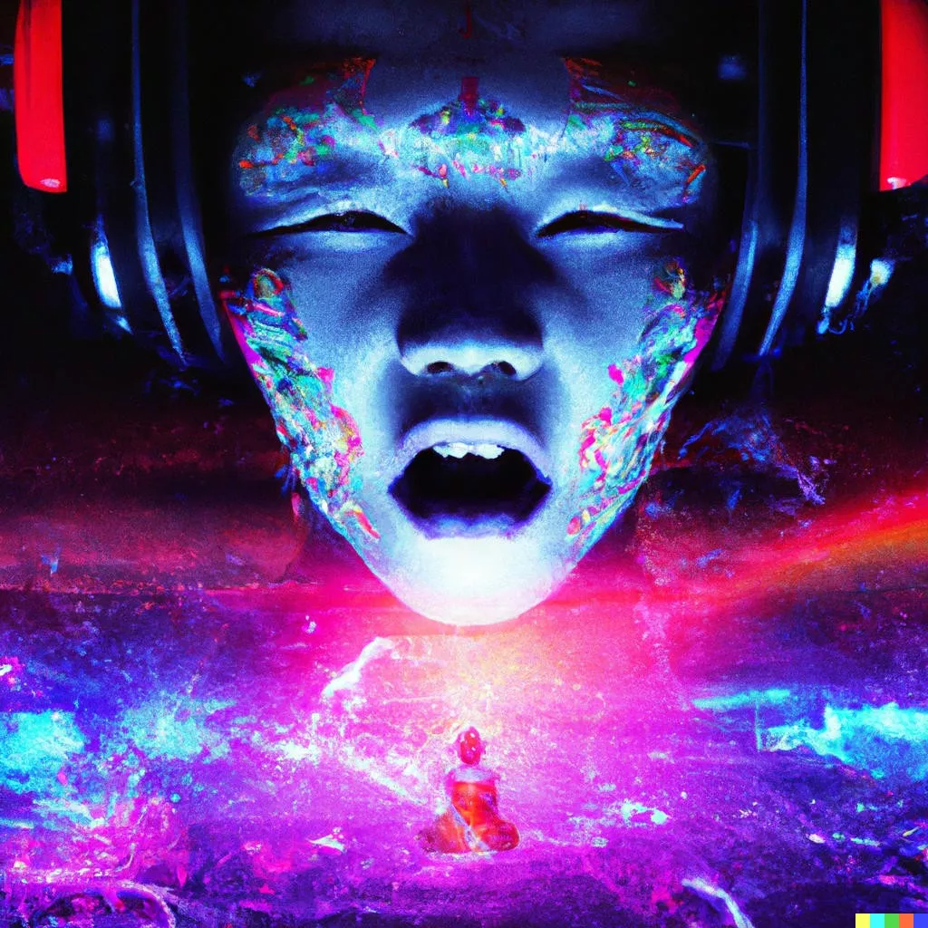 Dalle 2022 10 30 19.08.11 screeming cyborg face lit in neon and pixelized in front of exloding nebula and very small geisha countour in the right lower corner 3d rendered dig