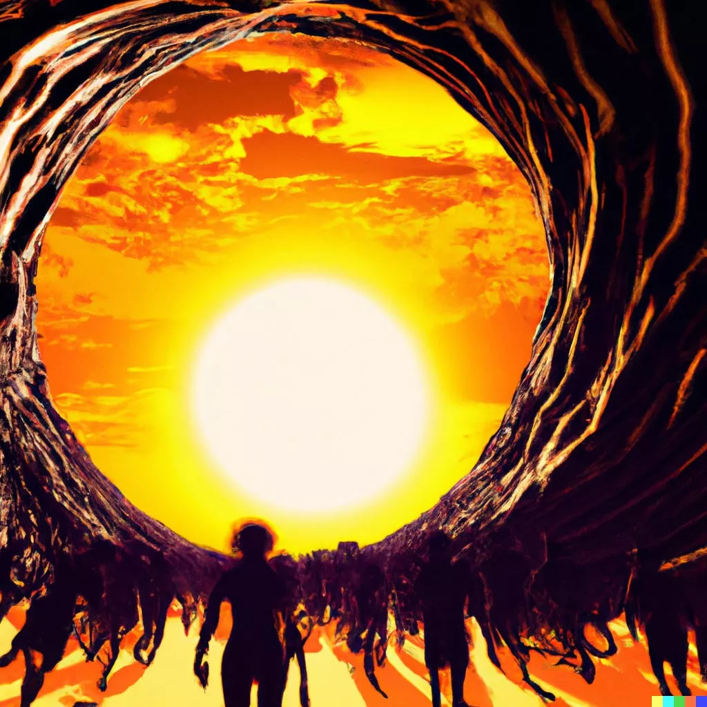 Dalle 2023 08 19 19.08.46   black hole swallows the sun with a bunch of people fleeing the scene rendered digital art